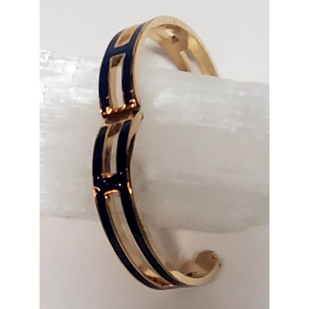 J. Crew Bracelet Hinged with Lock Navy Blue Enamel Gold Pierced Panels Bordered - Picture 4 of 12